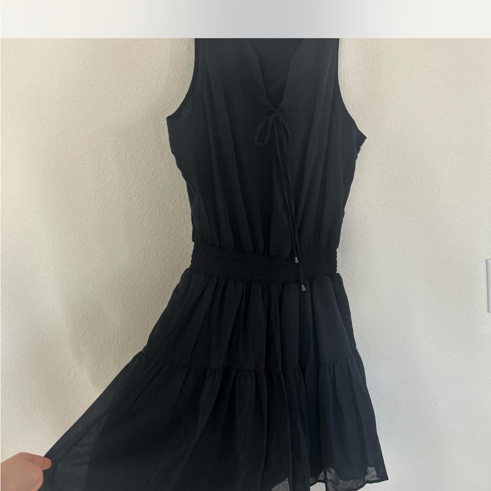 Black cinched waist mini tie front sun dress